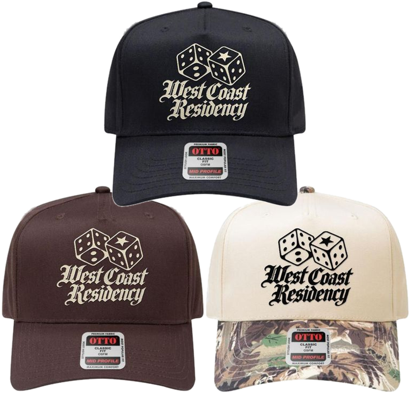 West Coast Residency Dice Hats in black, brown and cream with camo brim