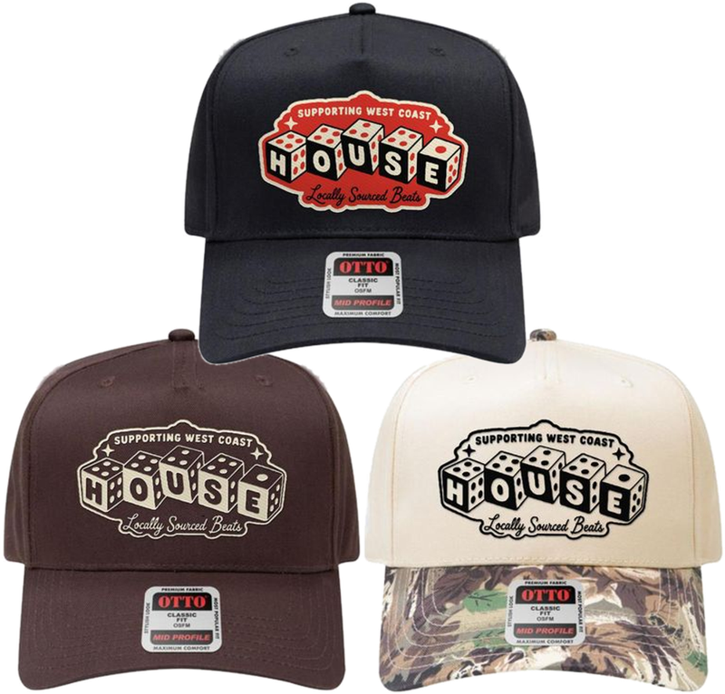 West Coast Residency House Hats in black, brown and cream with camo brim