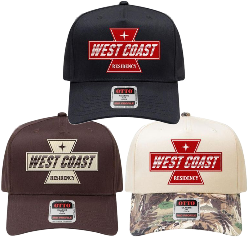 West Coast Residency Keystone Hats in black, brown and cream with camo brim