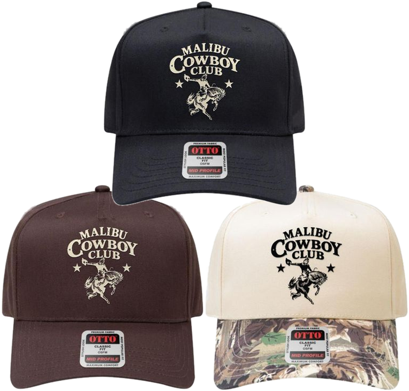 Malibu Cowboy Club Hats in black, brown and cream with camo brim