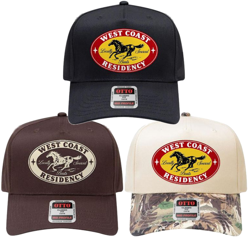 West Coast Residency Racehorse Hats in black, brown and cream with camo brim